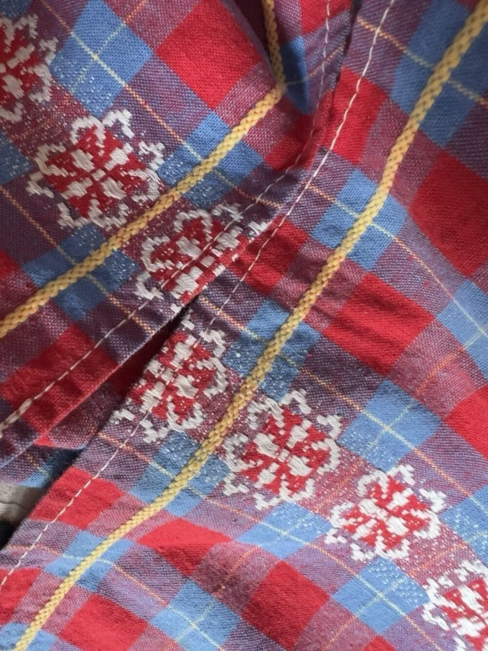 Vintage Tablecloth Red Blue Yellow 50” X 54” Checked Flower Table Linens Retro